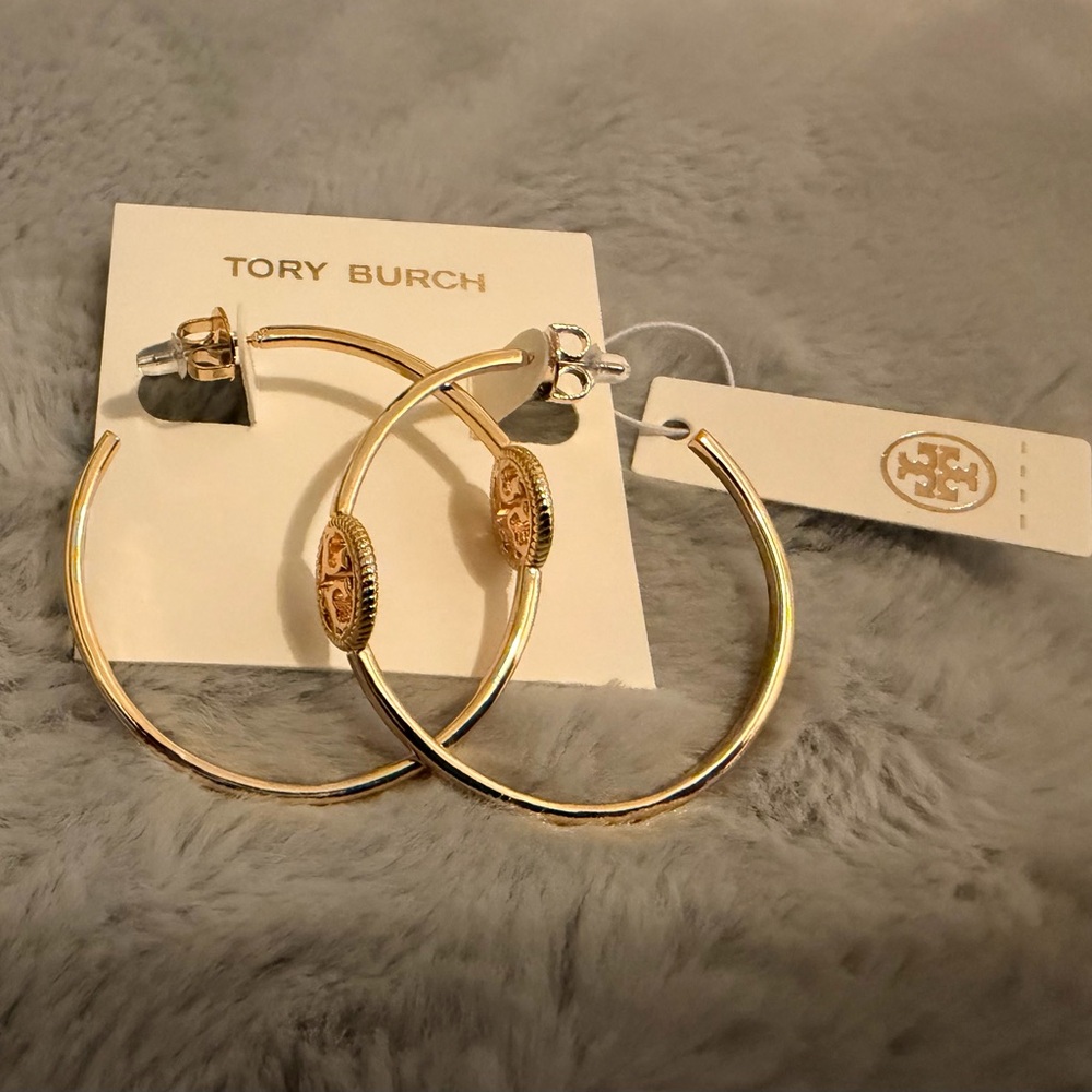 Tory Burch Gold-Tone Logo Hoop Earrings